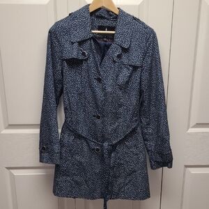 London Fog White Floral Navy Patterned Trench Coat  M